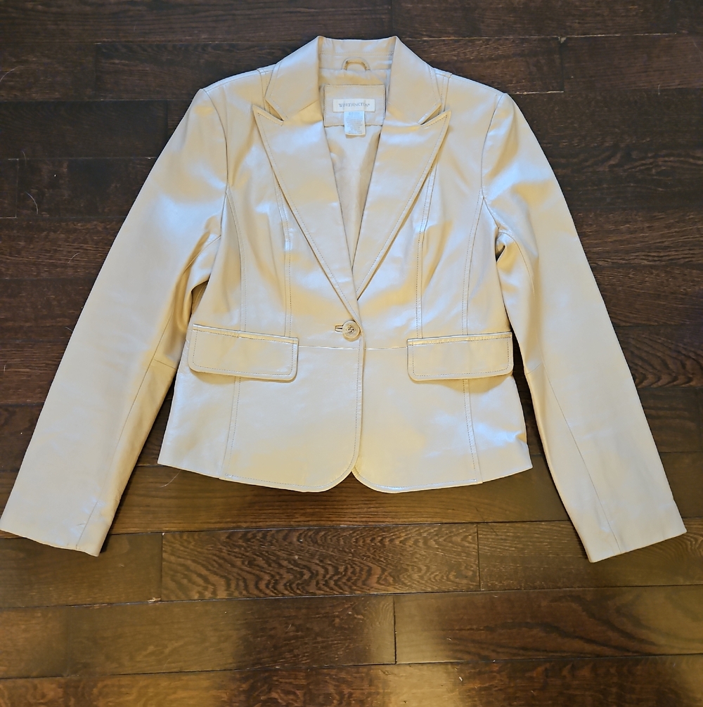 WORTHINGTON Women's Cream Single-Button Tailored Genuine Leather Blazer
